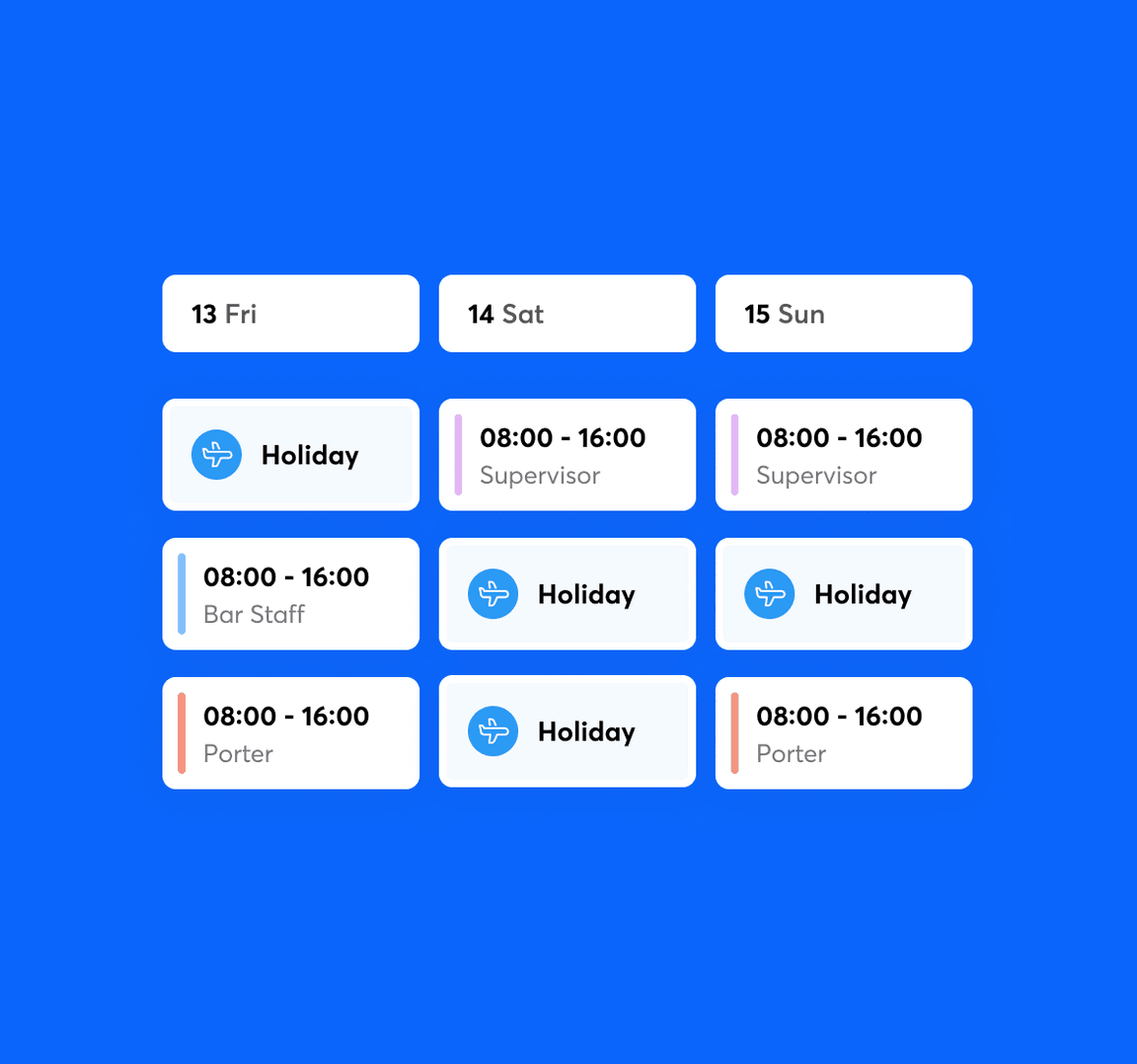 Section of a rota with holidays marked with blue plane icons.