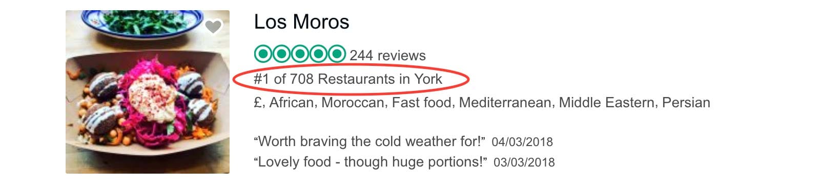 Los Moros' TripAdvisor ranking, showing a five bubble rating, 244 reviews, its #1 ranking in York, its price range, cuisine, and a couple of review snippets.