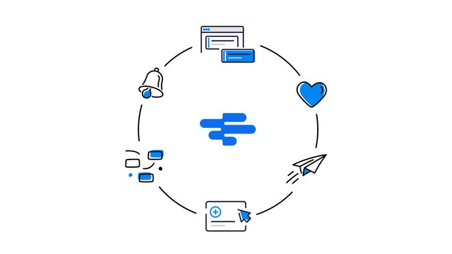 The RotaCloud logo surrounded by a circle of icons including a paper plane, notification bell, and a heart
