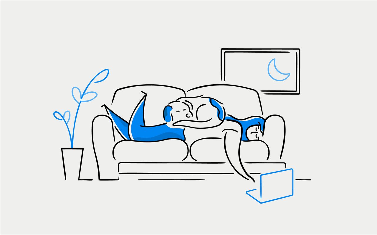 Cartoon of a woman lying on a sofa reaching for a laptop on the floor