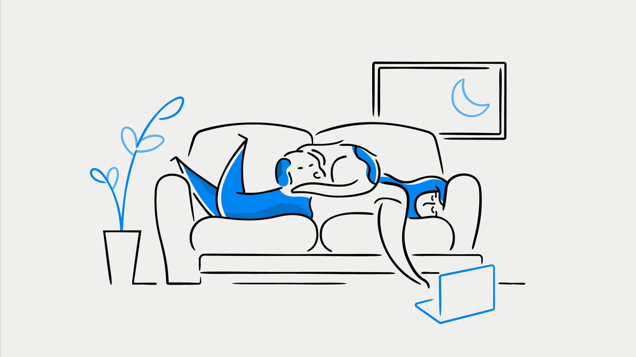 Cartoon of a woman lying on a sofa reaching for a laptop on the floor