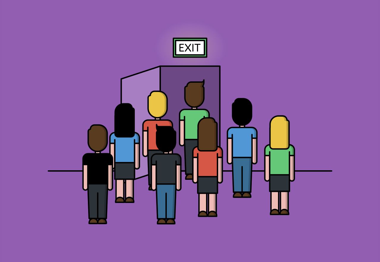 Cartoon of a group of people walking towards an open exit door