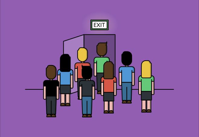 Cartoon of a group of people walking towards an open exit door