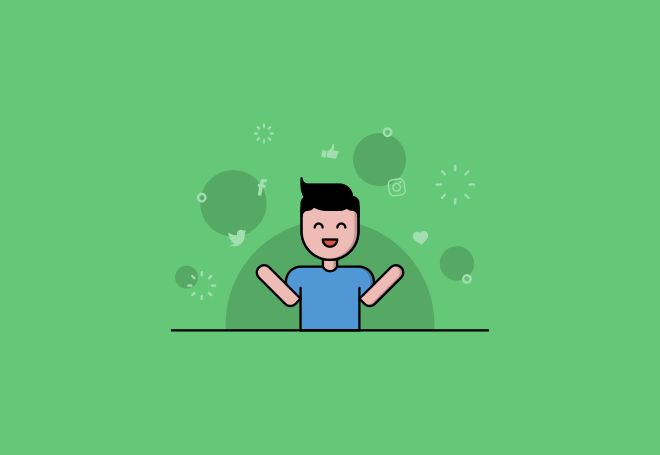 Cartoon of a smiling man surrounded by hearts and social media icons