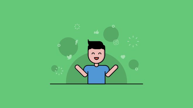 Cartoon of a smiling man surrounded by hearts and social media icons