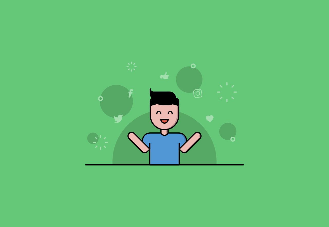 Cartoon of a smiling man surrounded by hearts and social media icons