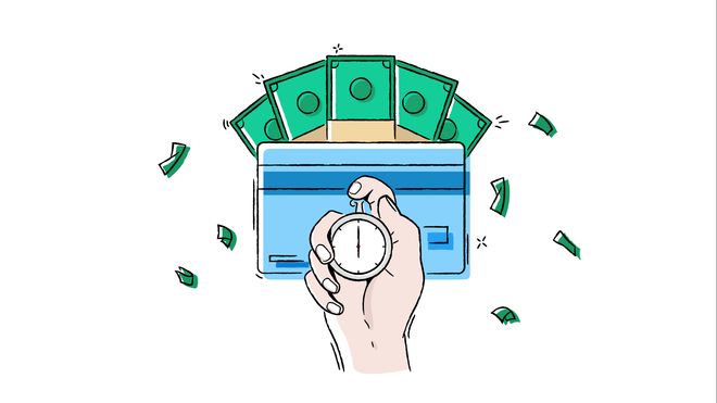 An illustration of a hand holding a stopwatch in front of a screen and wads of bank notes.