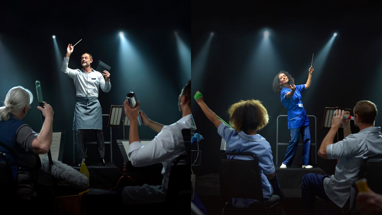 A split screen. A hospitality and healthcare manager lead their orchestra of staff using their everyday tools as instruments.