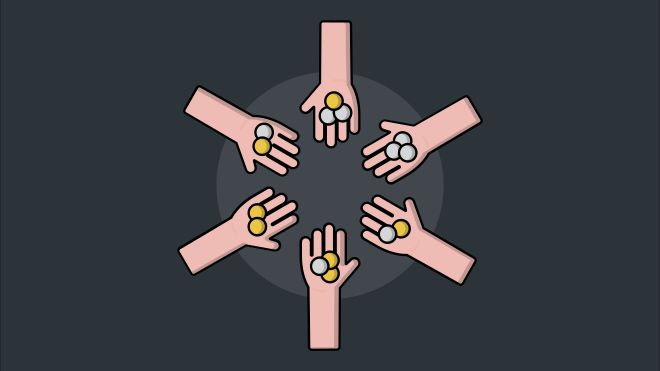Top-down cartoon image of six palms holding silver and gold coins 