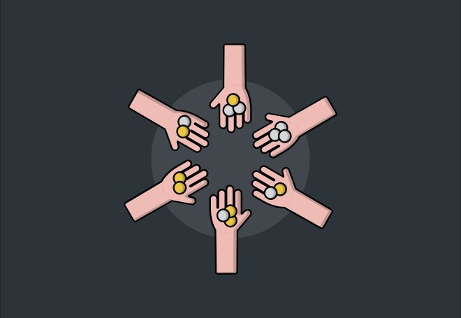 Top-down cartoon image of six palms holding silver and gold coins 