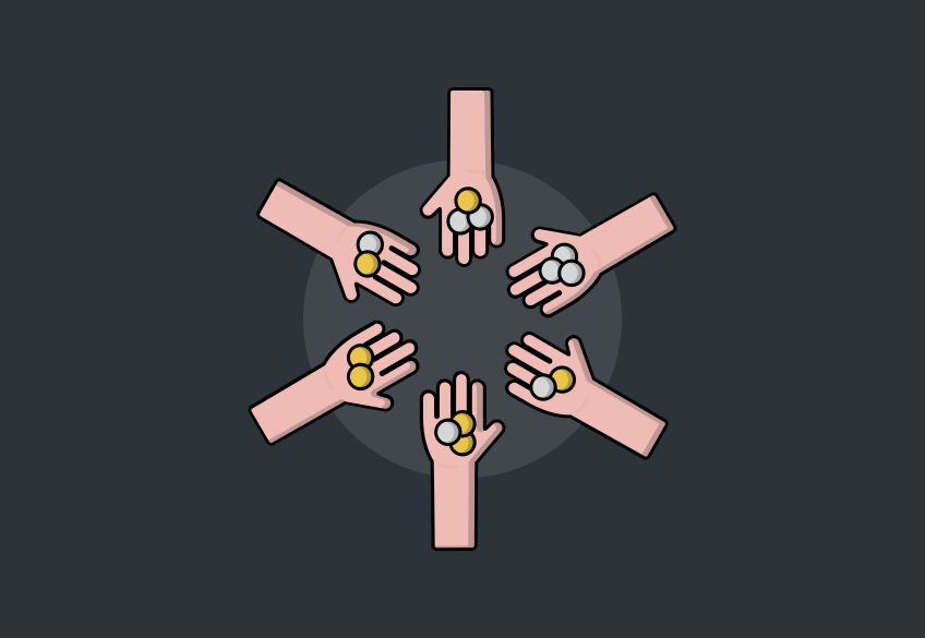 Top-down cartoon image of six palms holding silver and gold coins 