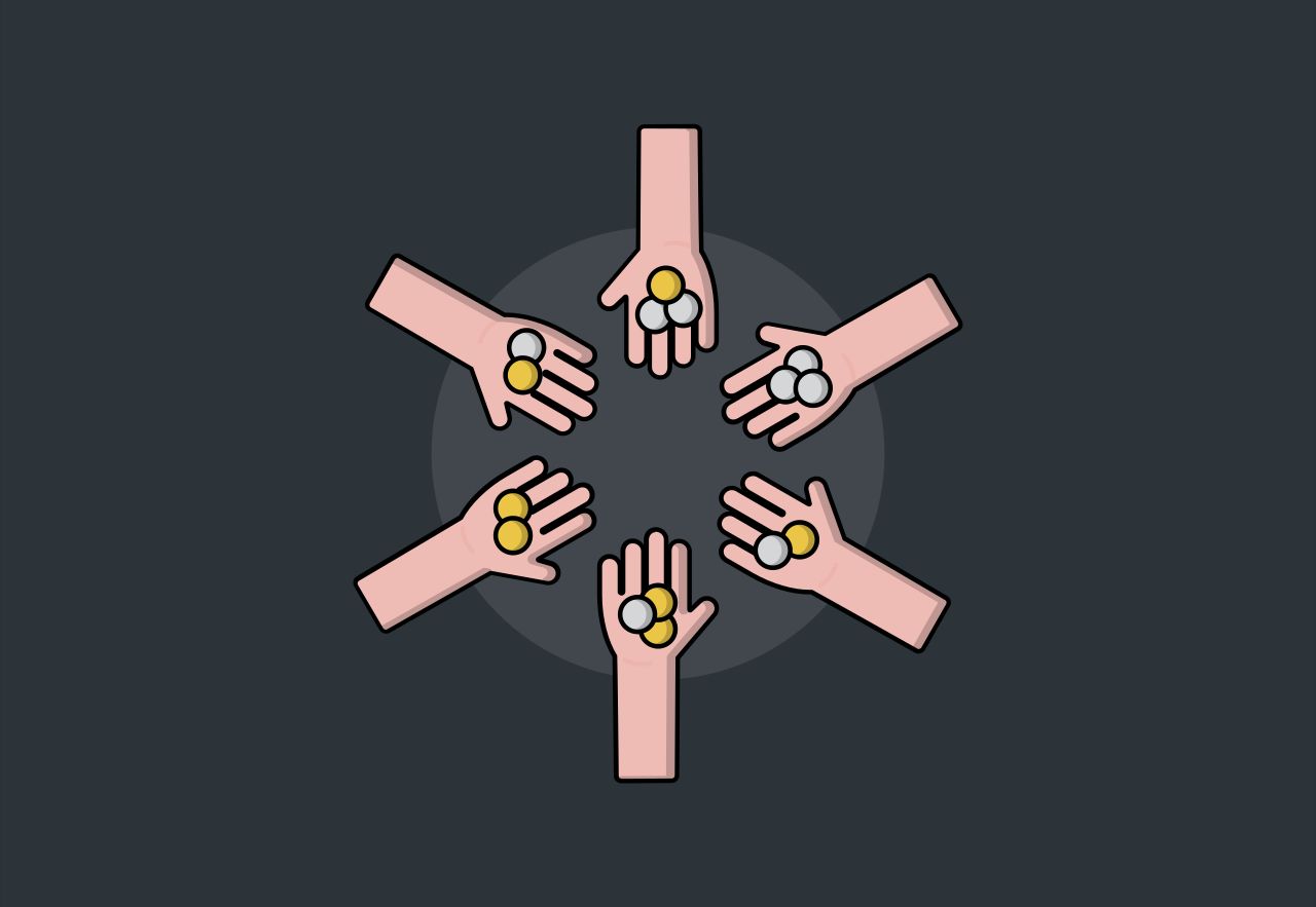 Top-down cartoon image of six palms holding silver and gold coins 