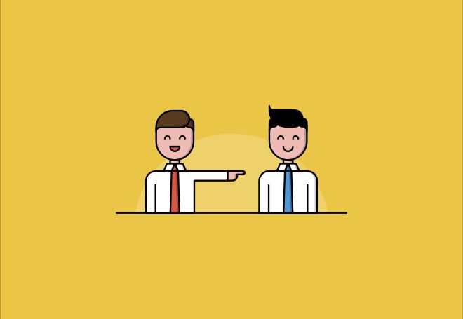 Cartoon image of two smiling employees sitting side by side, with one employee pointing at the other