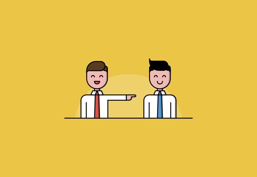 Cartoon image of two smiling employees sitting side by side, with one employee pointing at the other