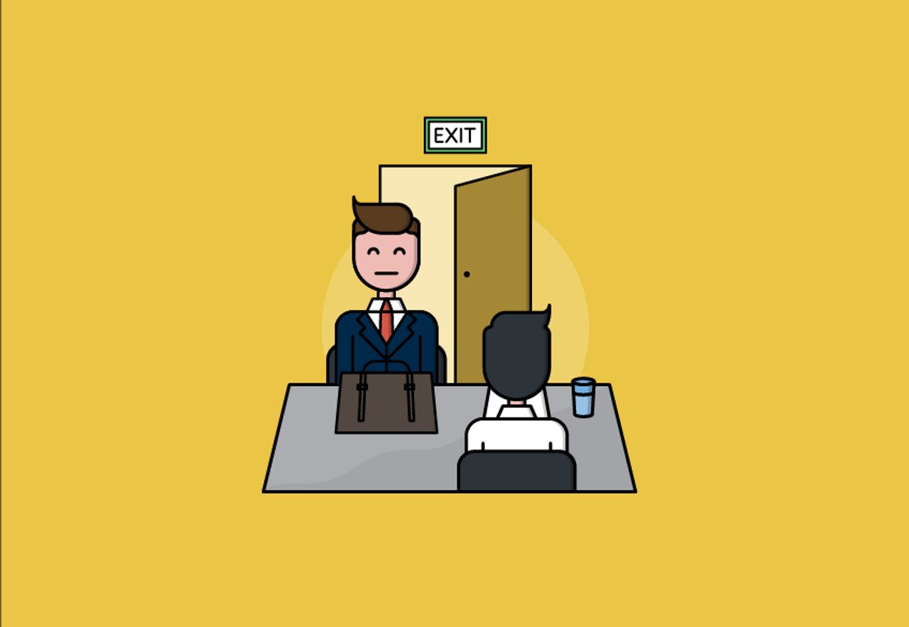 Cartoon of two business people at a desk with an open door marked 'exit' behind them