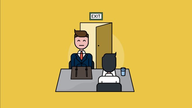 Cartoon of two business people at a desk with an open door marked 'exit' behind them