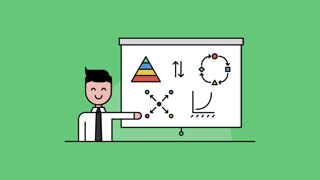 Cartoon image of a smiling business person pointing to charts and graphs