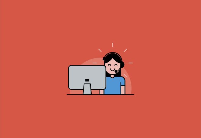 Cartoon image of a customer service agent sitting at a computer screen