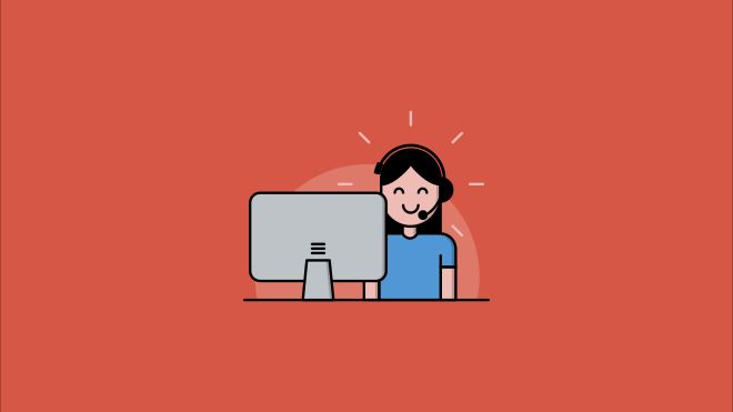 Cartoon image of a customer service agent sitting at a computer screen