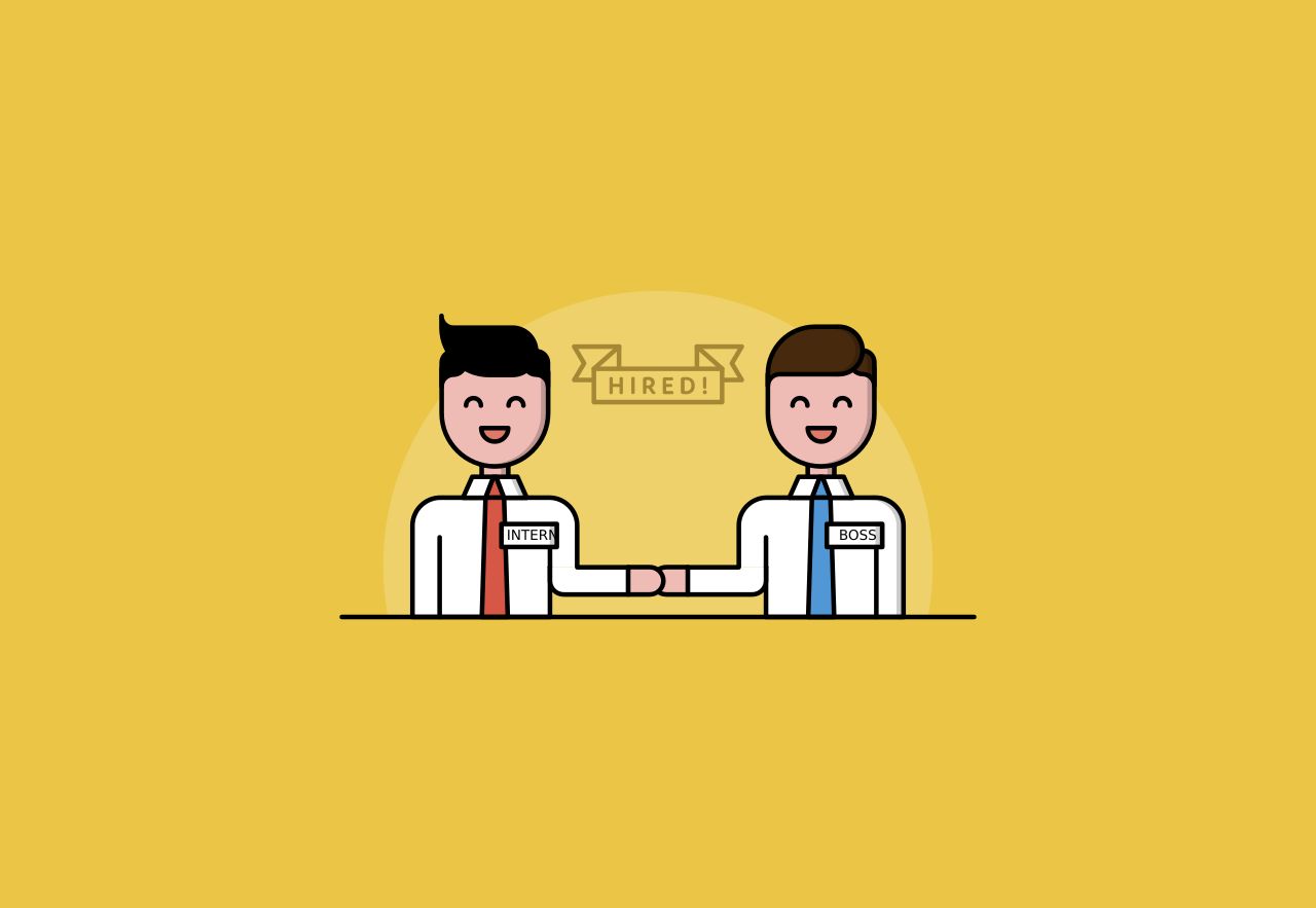 Cartoon image of a boss and intern fist-bumping