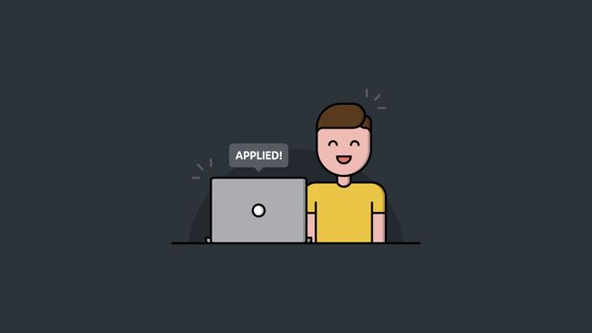 Cartoon of a smiling man using a laptop with a speech bubble reading 'applied' above it