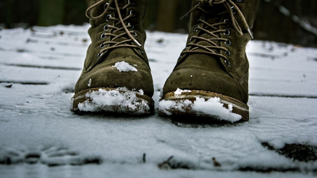 Close up of brown/green winter lace-up boots with snow on them, standing on snowy ground.