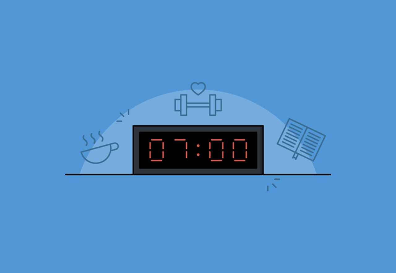 Cartoon of a digital alarm clock whose display reads 07:00