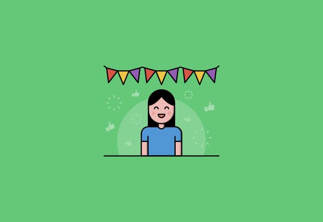 Cartoon of a smiling woman beneath brightly coloured bunting