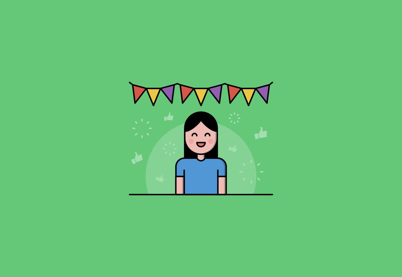 Cartoon of a smiling woman beneath brightly coloured bunting