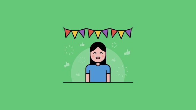 Cartoon of a smiling woman beneath brightly coloured bunting