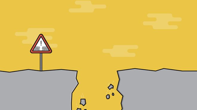 Cartoon of a road with a danger sign and a bottomless hole in the middle