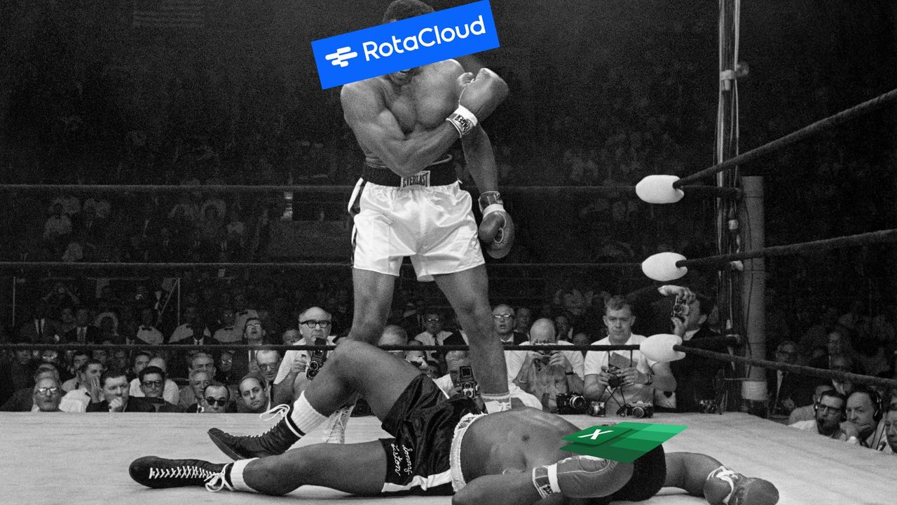 The famous photo of Mohammad Ali standing victorious over Sonny Liston in the ring, except the RotaCloud logo is over Ali's face and Excel is over Liston's.