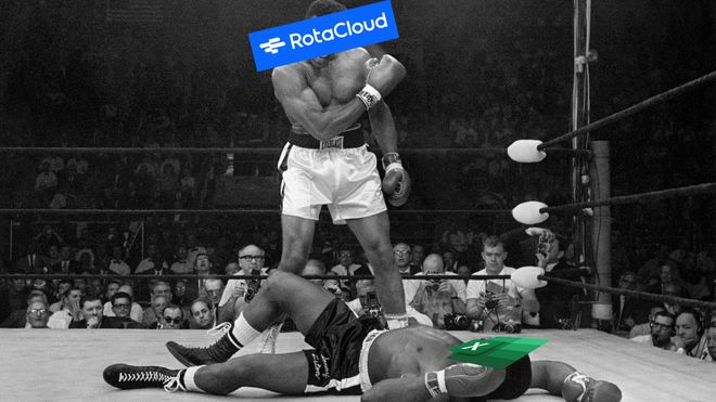 The famous photo of Mohammad Ali standing victorious over Sonny Liston in the ring, except the RotaCloud logo is over Ali's face and Excel is over Liston's.