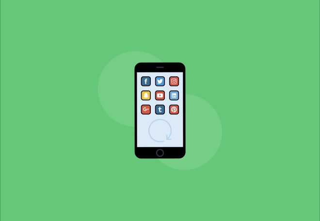 Cartoon of a smartphone with a variety of social media app icons on screen