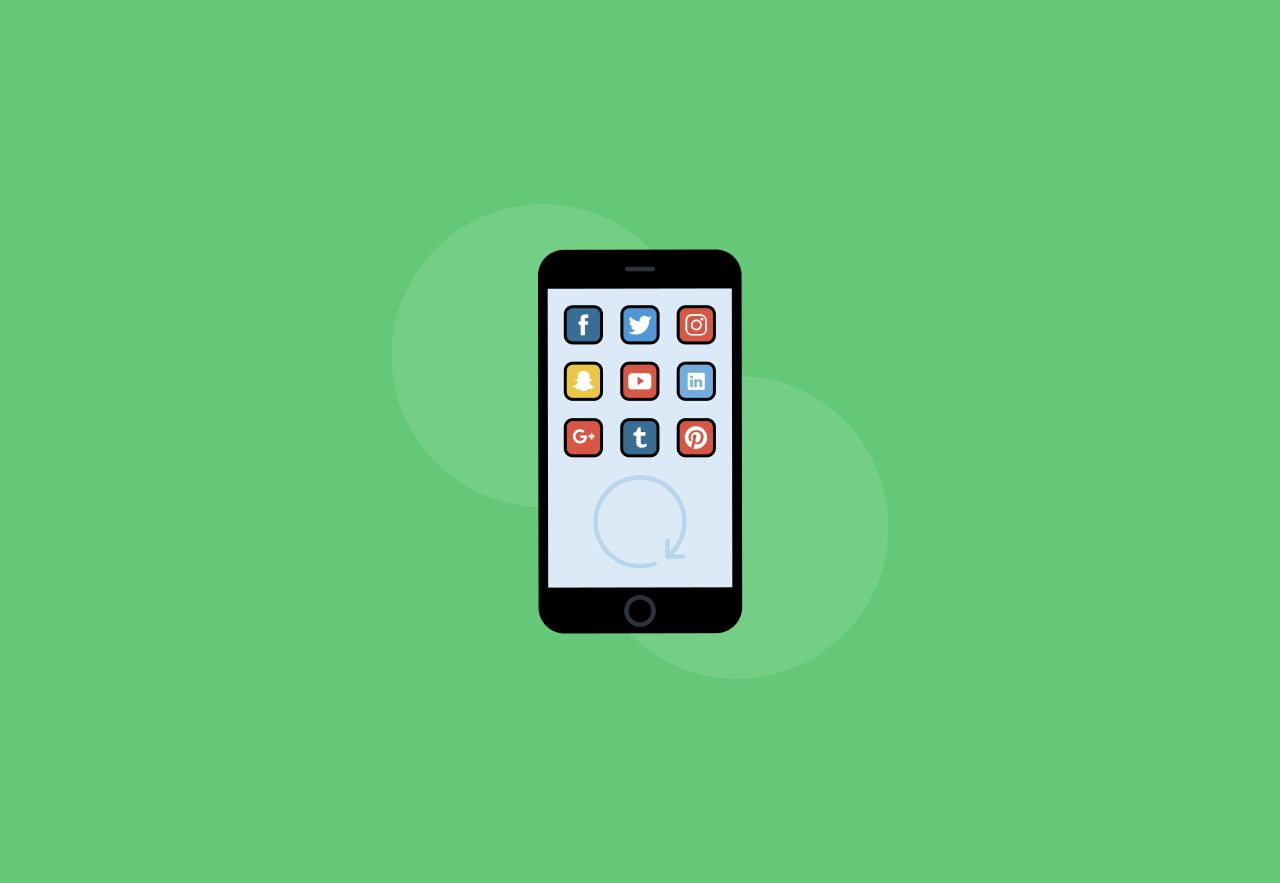 Cartoon of a smartphone with a variety of social media app icons on screen