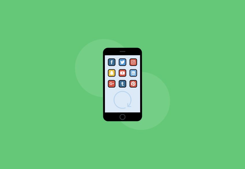 Cartoon of a smartphone with a variety of social media app icons on screen