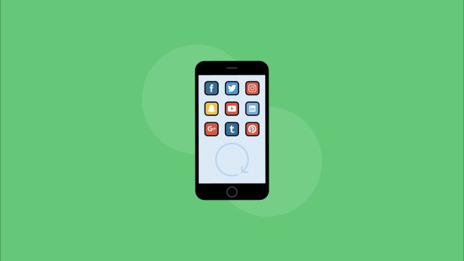 Cartoon of a smartphone with a variety of social media app icons on screen