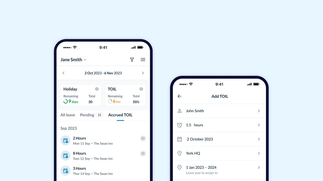 Image showing two mobile phone mockups running the RotaCloud mobile app displaying the TOIL feature