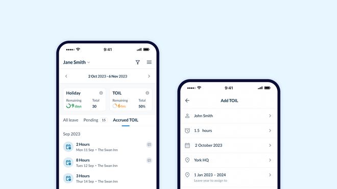 Image showing two mobile phone mockups running the RotaCloud mobile app displaying the TOIL feature