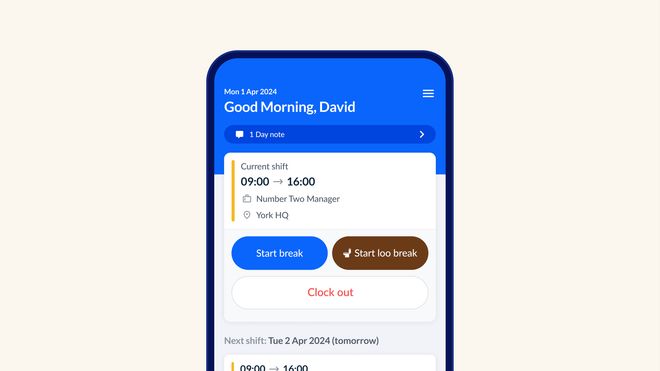 The RotaCloud app dashboard, showing the shift and the 'start break', 'clock out', and new 'start loo break' buttons