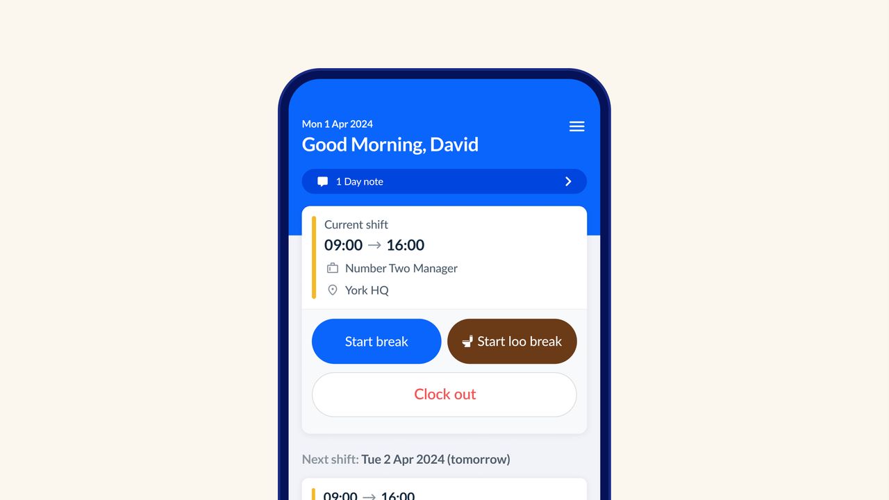 The RotaCloud app dashboard, showing the shift and the 'start break', 'clock out', and new 'start loo break' buttons