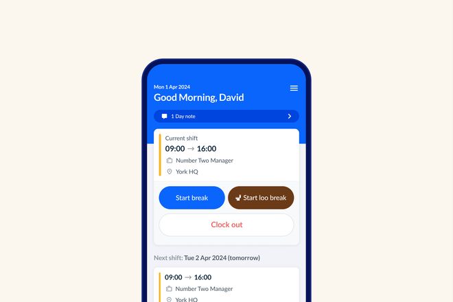 The RotaCloud app dashboard, showing the shift and the 'start break', 'clock out', and new 'start loo break' buttons