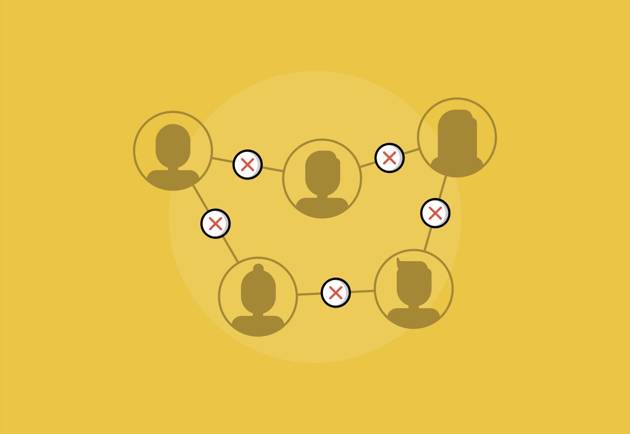 Cartoon image of people's silhouettes connected by lines with red crosses between them 