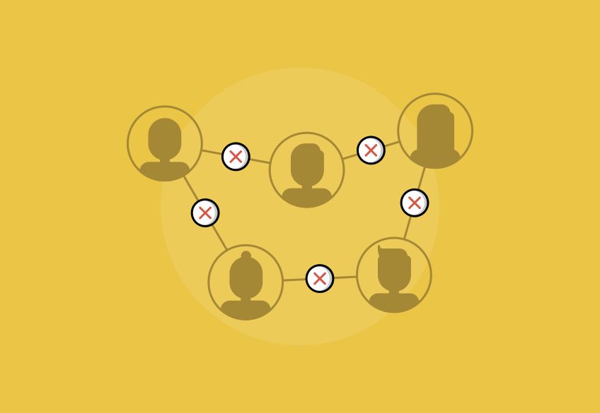 Cartoon image of people's silhouettes connected by lines with red crosses between them 