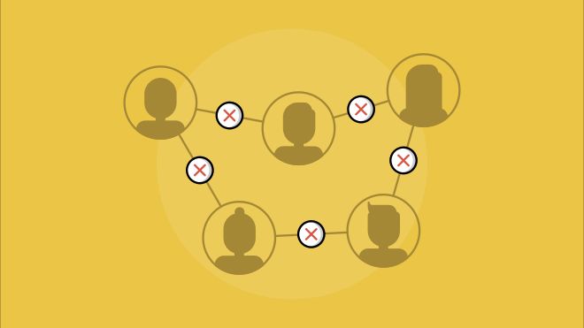 Cartoon image of people's silhouettes connected by lines with red crosses between them 