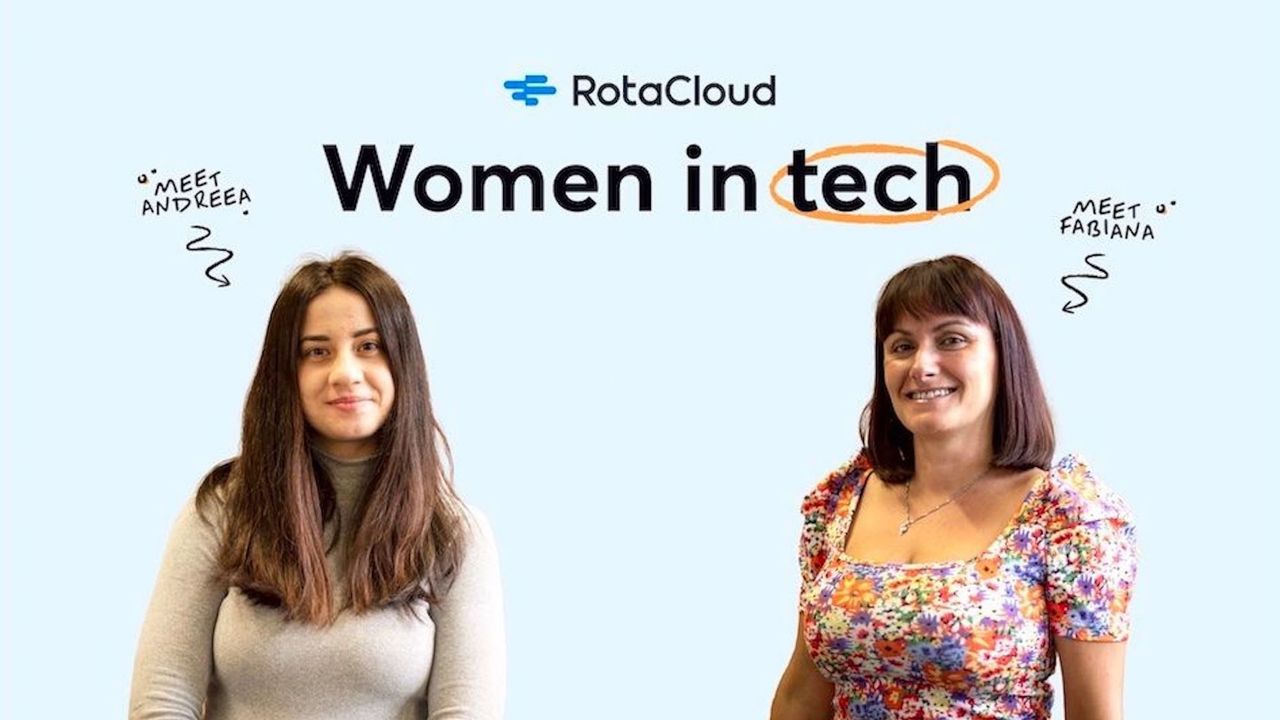 Branded image of Andreea (left) and Fabiana (right), who work in tech roles at RotaCloud