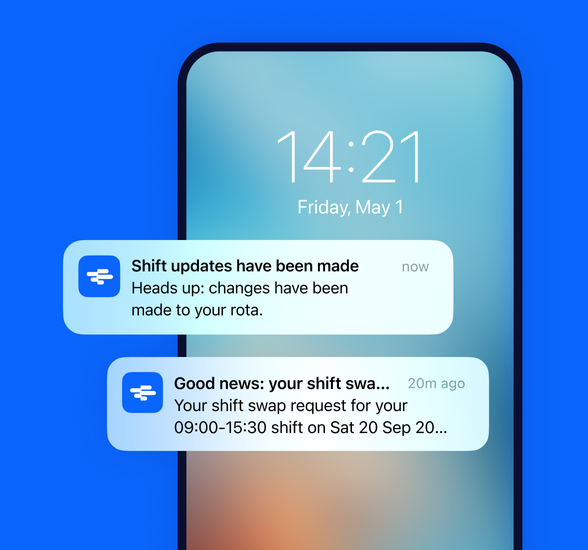 Two notifications on a phone screen, the first is informing that shift updates have been made and the second confirming a shift swap request.
