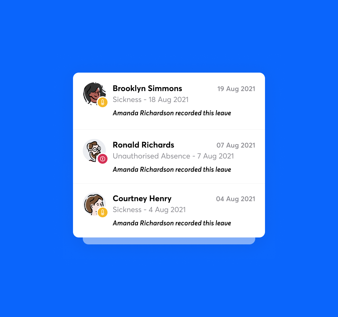Employee absence records showing employee names, dates of absence, type of absence, and person who recorded it.