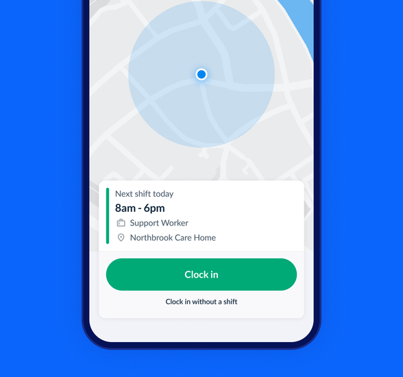 A screenshot of the RotaCloud app showing a GPS radius around the user's current location, info on their next shift, and a green clock in button.