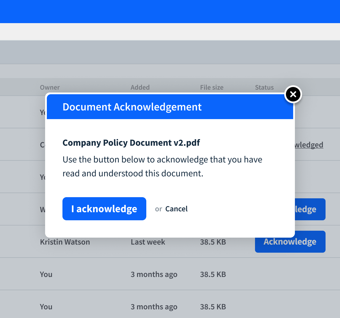 Document acknowledgment screen showing name of the document and a button to acknowledge it has been read and understood.